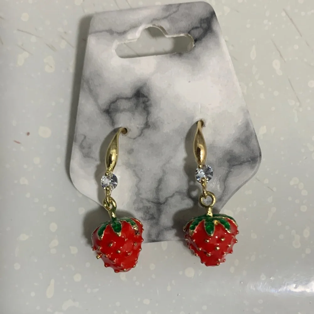 Gold-Tone Red Strawberry Drop Earrings - Unbranded - Picture 2 of 6
